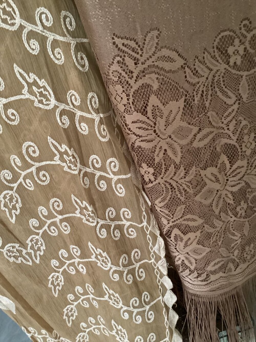 Two brown shawls, one with lace and the other embroidered, see below for sizes